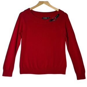 Lauren Ralph Lauren Red‎ Cotton Sweater Buckle Detail Neckline Womens Medium